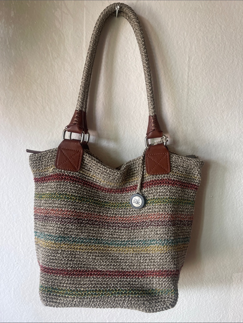 The sak  Multicolor Stripe Tote Bag with Brown Trim